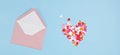 Hearts confetti and pink envelope. Love, valentine day, mothers day greeting card, gratitude, expressing gratitude to doctors and