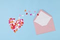 Hearts confetti and pink envelope. Love, valentine day, mothers day greeting card, gratitude, expressing gratitude to doctors and