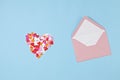 Hearts confetti and pink envelope. Love, valentine day, mothers day greeting card, gratitude, expressing gratitude to doctors and