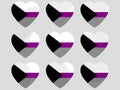 Hearts with Demisexual flag, icon set. Demisexual pride day. LGBT sexual minorities. Collection of icons of hearts