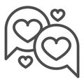 Hearts in dialogue box, speach bubble line icon, dating concept, love messege vector sign on white background, outline