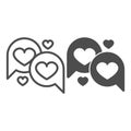 Hearts in dialogue box, speach bubble line and solid icon, dating concept, love messege vector sign on white background