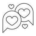 Hearts in dialogue box, speach bubble thin line icon, dating concept, love messege vector sign on white background