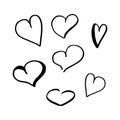 Hearts doodle set. Collection of hand drawn careless hearts. Black isolated on a white background. Vector illustrations.