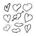 Hearts doodle set. Collection of hand drawn careless hearts. Black isolated on a white background. Vector illustrations.