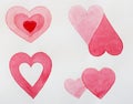 Hearts drawing. Watercolor of red and pink hearts. Watercolor drawing of St. Valentine`s day, design elements. Abstract backgroun