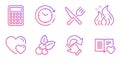 Hearts, Fire energy and Food icons set. Calculator, Christmas holly and Rotation gesture signs. Vector