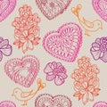 Hearts flowers and birds seamless background. Love retro texture.