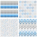 Hearts flowers dots and diamonds blue seamless pattern set