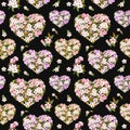 Hearts with flowers for Valentine day. Floral pink sakura, cherry blossom. Watercolor repeating pattern at contrast Royalty Free Stock Photo