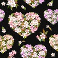 Hearts with flowers for Valentine day. Vintage floral blossom sakura. Watercolor seamless pattern at black background Royalty Free Stock Photo