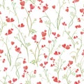 Hearts flowers watercolor seamless pattern isolated on white. Pink and green romantic valentine print. Cute Spring floral