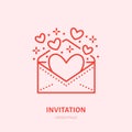 Hearts flying from envelope illustration. Party invitation flat line icon, romantic relationship. Valentines day
