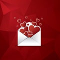 Hearts flying out of envelope valentine card template design. Red low poly background.