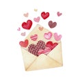 Hearts flying out of opened envelope in watercolor style. Love letter for Valentines day