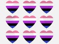 Hearts with Genderfluid flag, icon set. Genderfluid pride day. LGBT sexual minorities. Collection of icons of hearts isolated