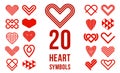 Hearts geometric linear logos vector icons or logotypes set, graphic design modern style elements, love care and charity