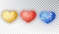 Hearts glitter texture set. Red, gold, blue Hearts Isolated. Symbol love heart shape isolated. Vector object for Royalty Free Stock Photo