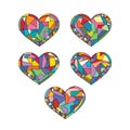 Hearts hand drawn abstract vector illustrations. Love geometrical mosaic set in modern style