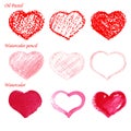 Hearts, hand drawn in oil pastels, watercolor penc Royalty Free Stock Photo