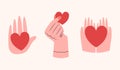 Hearts in hands. Cute vector cliparts in flat style. Volunteering, supporting, humanism, charity conception.