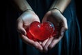 Hearts in hands symbolic gesture of affection Heart in woman hands Love giving, care, health, protection