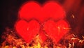 Valentine`s day Card with red hearts on isolated fire particles embers background with copyspace