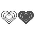 Hearts in heart line and solid icon. Heart inside hearts illustration isolated on white. An abstract figure of many