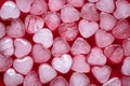 Hearts of ice. Heart shaped candy. Red greeting card of Valentine`s day. Symbol of love and romance. Romantic background, texture