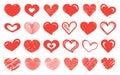 Hearts icon collection. Collection of heart illustrations, love symbol icons set. Red hearts. Hand drawn Royalty Free Stock Photo