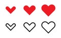 Hearts icons collection. Red and black Heart vector icons. Hearts in modern flat and linear design, isolated on white background. Royalty Free Stock Photo