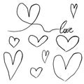 9 hearts isolated vector sketches hand drawing black contour