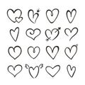 Heart hand drawn outline shapes isolated on white. Vector set Royalty Free Stock Photo