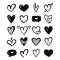 Heart hand drawn shapes isolated on white. Vector set Royalty Free Stock Photo