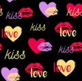 Hearts and lips imprints pattern on black background vector Royalty Free Stock Photo