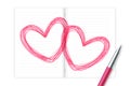 Hearts love couple symbol hand drawing by pen sketch pink color with notebook, valentine concept design