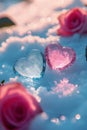 Hearts made of blue and pink ice lie on the snow surrounded by roses