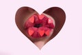 Hearts makeup. Beauty lovely lips. Lip with hearts through paper. Love concept. Lipscare.