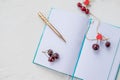 Hearts and cherry. Dreaming theme about love. An open notebook is on a white background.wooden red heart, a declaration Royalty Free Stock Photo