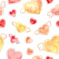 Hearts pattern. Watercolor Valentine`s Day vector seamless background