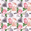 Hearts, pink roses flowers, vintage feathers, keys on paper texture with hand written notes. Seamless pattern, vintage