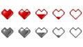 Hearts pixel art icons set. Red and grey hearts isolated. Vector illustration.