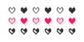 Hearts pixel icons set. Black and red pixel icons. Pixel art hearts on white background. Vector illustration