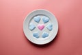 Hearts on plate. Woman and men love flirt. Choice among different sex partners. New girlfriend or boyfriend. Promiscuity and Royalty Free Stock Photo