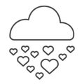 Hearts in rainy cloud thin line icon. Romantic love rain illustration isolated on white. Cloud raining heart shapes