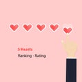 5 Hearts rating or raking concept.Rating or raking red hearts.Finger pointing to five hearts