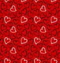 Hearts seamless pattern in black and white colors on the red background. Royalty Free Stock Photo