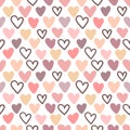 Hearts seamless pattern in pink, purple and beige colors. Vector image for Valentine`s Day, lovers, prints, clothes, textiles, car