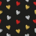 Hearts seamless pattern. Red, silver and golden striped hearts on dark.