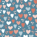 Hearts seamless vector pattern background. Hand drawn hearts isolated pink, coral, blue. Use for card, invitation, album,